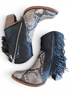 Coral Handcrafted Leather Python & Fringe Bootie Black and Taupe Snake-Print